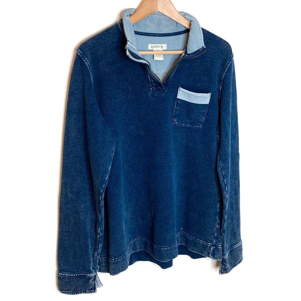 Orvis Blue Cotton Distressed Pullover Sweatshirt Size Large - Picture 2 of 7